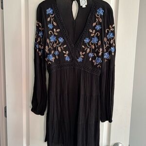 Blue Rain Black Dress with Blue and Brown Embroidery